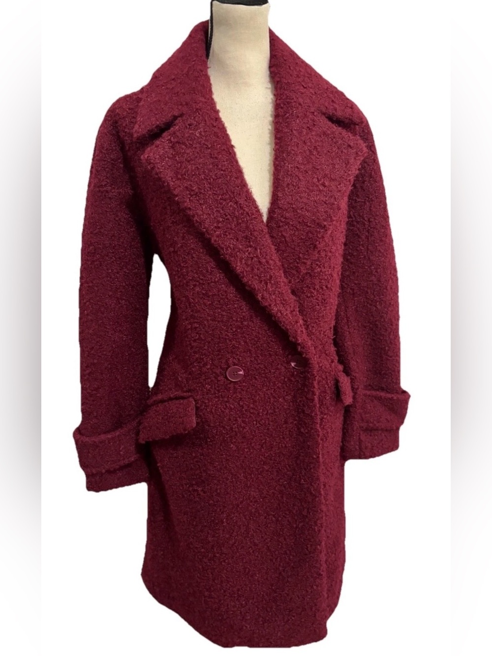 Nine West Women's Double-Breasted Burgundy Bouclé Shaggy Coat Medium